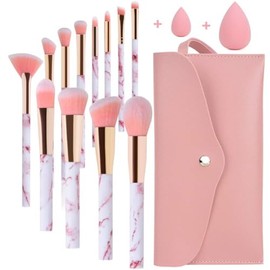 START MAKERS Juego de 12 Brochas de Maquillaje Profesional Base Correctora Colorete Sombra de Ojos Incluye 2 Esponjas y Bolsa de Cosmetics Rosa Mármol