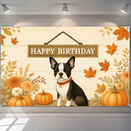 HOMETITUTE Happy Birthday Banner Decrations 71x43 Inch Boston Terrier Dog Party Backdrop Rustic Wood Background with Autumn Leaves and Pumpkins for Fall Harvest Birthday Decorations