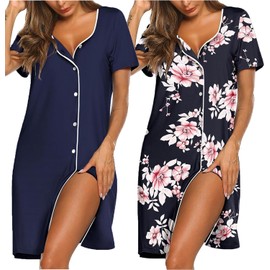 Ekouaer Women Soft Nighties V-Neck Button Down Nightdress Classic Sleepshirt Relaxed Nightshirt Sleepwear