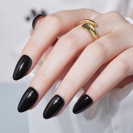 S.T. Friends Press On Nails Short - Glossy Black Almond Press On Nails, Opaque Soft Gel Glue On Nails, Reusable Stick On Nails in 16 Sizes - 32 Fake Nails Kit