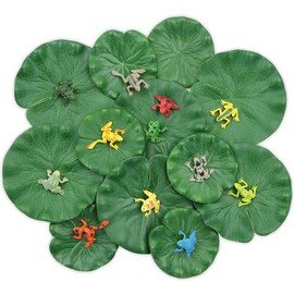 Kelamayi Artificial Lily Pads Set Includes 12pcs Mini Realistic Frogs and 12pcs Artificial Floating Lotus Leaves for Pond Fountain Garden Pool Fish Pond Aquarium Decoration