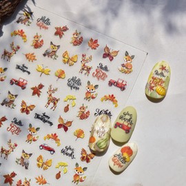 5D Embossed Animal Print Nail Stickers Self-Adhesive Fall Maple Leaf Nail Art Stickers Cute Animal Car Design Autumn Nail Art Supplies Thanksgiving Nail Decals for Women Cute Manicure Decorations