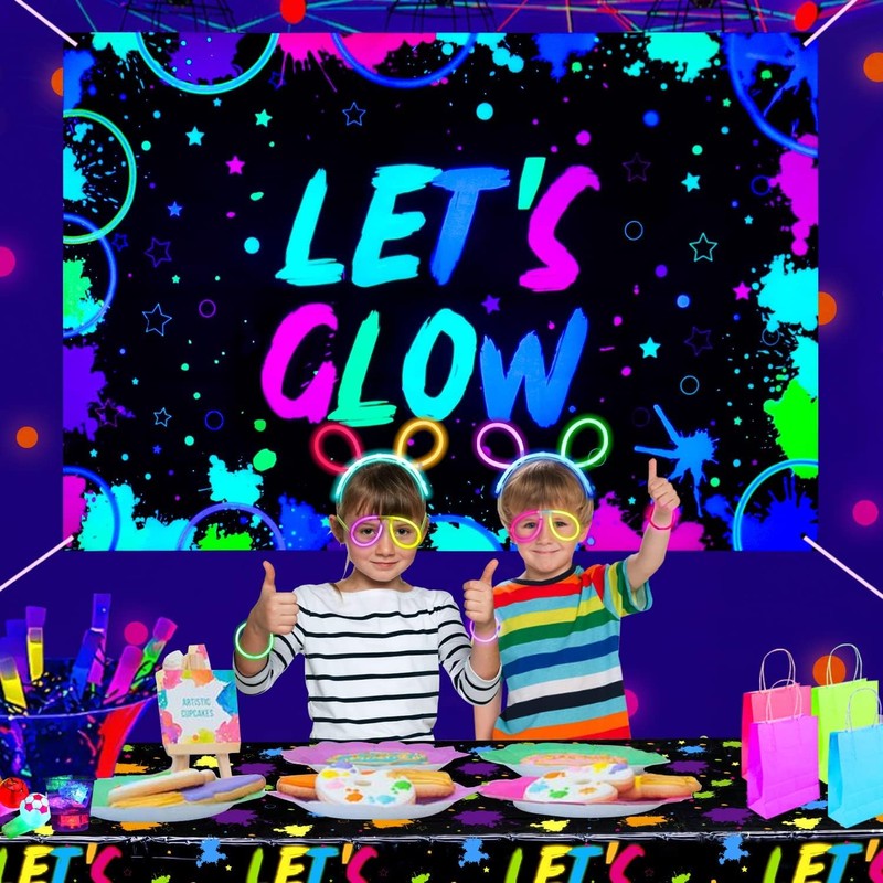 Glow Neon Birthday Backdrop - Let's Glow Banner for Black