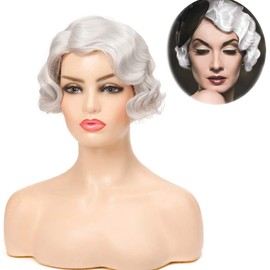 Baruisi Silver Short Curly 1920s Nuna Wig for Women Synthetic Cosplay Finger Wave Pixie Wig