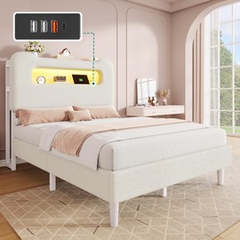 YITAHOME Twin Size Bed Frame, LED Bed Frame with Storage Headboard, Boucle Upholstered Bed with Outlet & USB Ports, No Box Spring Needed, Easy Assembly, Cream