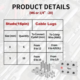 Vgate Car Battery Terminal Connectors，16-Way Battery Terminal Clamps, 8AWG up to 4/0(XL) AWG Gauge for Lithium or AGM Lead Acid Battery, Positive and Negative (+/-)(1 Pair) for M6 or 1/4”-20