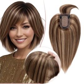 SEGO Pro Human Hair Topper with Bangs Hair Toppers for Women Real Human Hair Silk Base Clip In 2.75 * 5.1 Inch Topper Increase Hair Volume 10 Inch #4P27 Chocolate Brown Mixed Light Brown