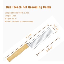 Koofull Dog Cat Grooming Comb with Wooden Handle Stainless Steel Teeth, Pet Grooming Supplies Accessories for Hairy Pets (Dual Teeth)