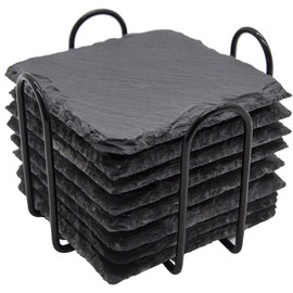 VIDOJI Slate Drink Coasters with Metal Holder 4 Inch 8 Pieces Black Stone Coasters Blank Coaster Set Decor Tabletop Protection for Home Office Kitchen Apartment Bar (Square)