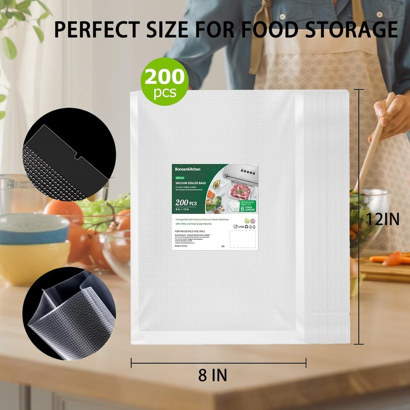 Bonsenkitchen Vacuum Sealer Bags, 200 pcs 8"W x 12"H, BPA-Free,