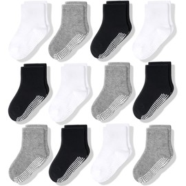 CozyWay Non Slip Toddler Socks 12 Pairs with Grip for Boys Girls Baby Infants Kids Anti Skid Cotton Crew Socks