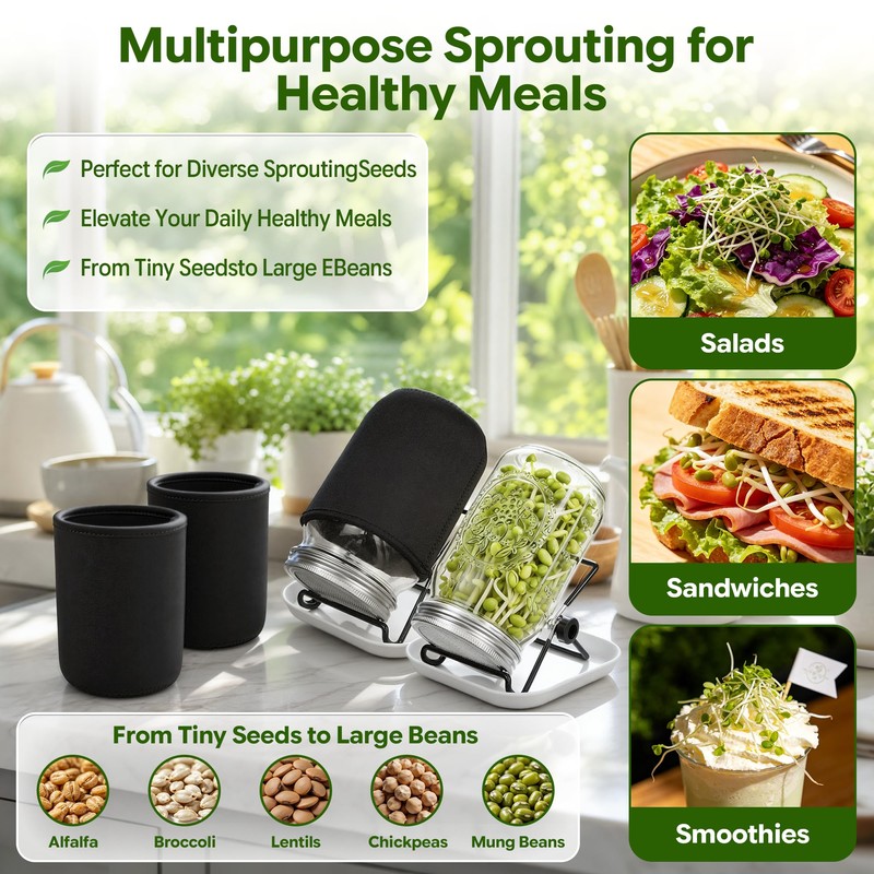 4 Pack Sprouting Jar Kit with Wide Mouth Mason Jars,Lids,Stands,Trays
