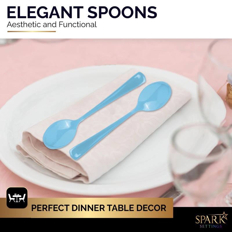 Blue Plastic Spoons Disposable 50 Pack, Heavy Duty Plastic Silverware,