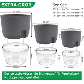 iDattel Flower Pot with Watering System, Herb Pot Kitchen Set, Windowsill, Self-Watering, Set of 5, Herb Garden for the Kitchen, 15.3/10.5/8.2 cm, for Fresh Kitchen Herbs, Grey