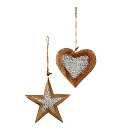 Toyland® Pack of 4-12cm Wooden Silver Glitter Heart and Star - Christmas Tree Decoration
