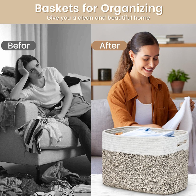 3 Pack Shelf Woven Storage Basket, Closet Rope Baskets For
