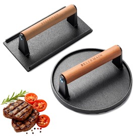 Bellemain Heavy-Duty Cast Iron Grill Press Set – Perfect Smash Burger Press & Steak Tool with Ergonomic Wood Handle for Pro-Level Searing on Griddle, Skillet, or BBQ