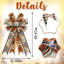 Large Thanksgiving Bows for Wreath, Black White Buffalo Plaid Gnomes Wreath Bows Fall Maple Leaf Pimpkin Bows for Front Door, Farmhouse Ornament Tree Topper Bows for Autumn Indoor Outdoor Decoration