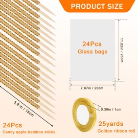 Anglecai 24Pcs Candy Apple Stick Kit, 24P Bling Stick for Apple Rhinestone Wooden Skewers, with 24P Bags, 1P 25 Yard Glitter Ribbon, Bling Stick for Caramel Apple Lollipop Crispy Treat
