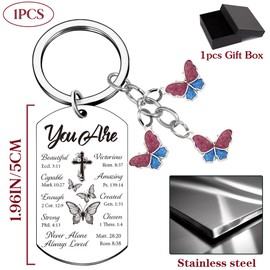 Christian Gifts Butterfly Inspirational Keychain - Religious Silver Keyring Gift with Bible Verses, Blue Purple Butterflies Charms Key Chain for Women Godmother Priests Daughter Sister Friend Catholic