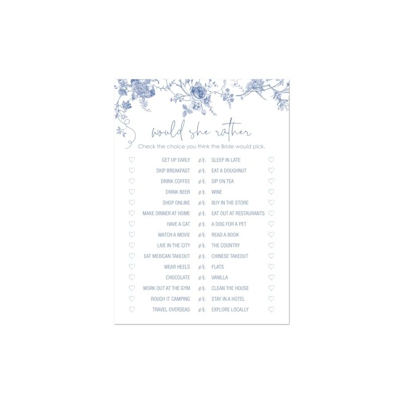 InvitationHouse 24 Blue Floral Bridal Shower Games (Would She Rather)
