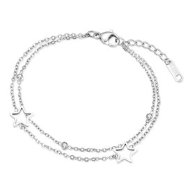 Double Layered Bracelet Star CZ Titanium Steel Adjustable Link Chain Bracelet with 1.97" Extension Chain Birthday Valentine's Day Christmas Women Gift