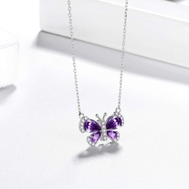 Purple Butterfly Necklace Women 925 Sterling Silver Animal Butterflies February Birthstone Amethyst Pendant Crystal Wedding Birthday Jewelry DP0287F
