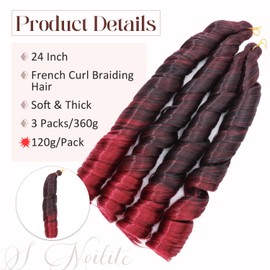 S-noilite French Curl Braiding Hair 24 inch 3 Pack Loose Wavy Spiral Curly Crochet Hair Deep Wave Synthetic Extensions for Braiding Pre Stretched Bouncy Braiding Hair, Black mix Burgundy