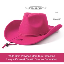 Lanzom Women Men Retro Felt Wide Brim Western Cowboy Cowgirl Hat Dress Up Hat with Wind Lanyard (Rose, Large)