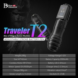 Kiss Of Dragon TRAVELER-T2 Wireless Tattoo Machine Adjustable Stroke with 41mm Grip Pen Professional 2000mAh Battery