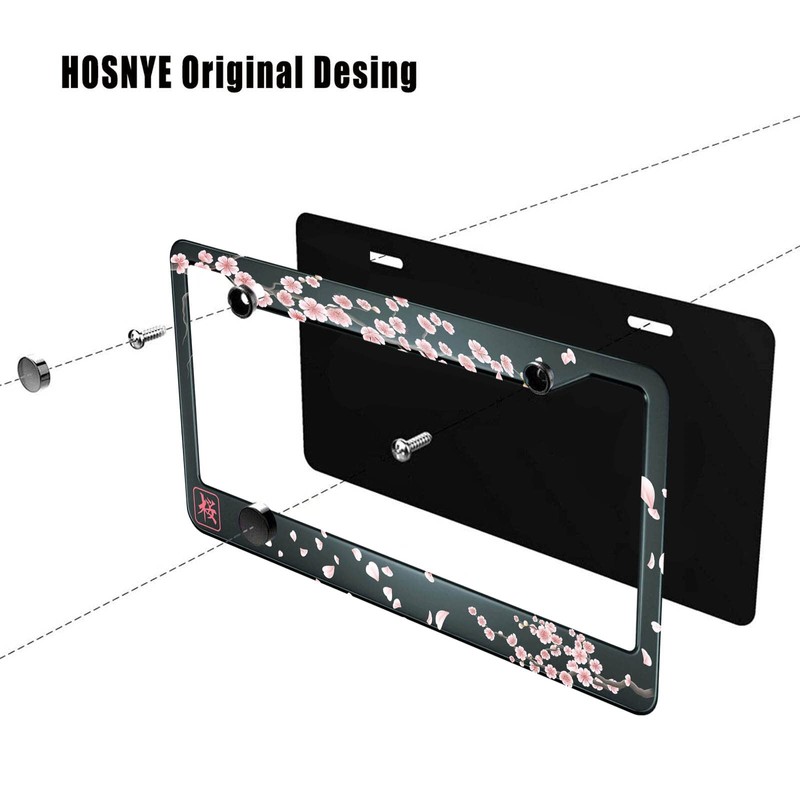 HOSNYE Japan Cherry Branch License Plate Frame Blooming Flowers Hieroglyph