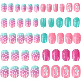 JANYUN 48 Pcs False Nail Stick on Nails Kids Full Cover Short False Nails Children Nails Gift for Kids Little Girls Nail Art Decoration