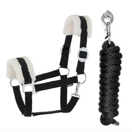JA Horse Faux Fur Halter Lead Rope Set with Panic Hook Adjustable Horse Halter Horse Wooden Horse Tie Rope (Faux Fur Panic Hook Black, Pony)