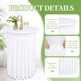 LOKUME 8 Pack Round Cocktail Table Skirts 32 x 43 Inch White Spandex Cocktail Table Covers with Wavy Drapes Stretch Fitted Round High Top Tablecloths for Wedding Bar Party Banquet