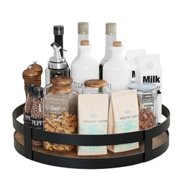 11.8" Lazy Susan Turntable Organizer for Cabinet, Rustic Wooden Storage with Metal Railing, Round Rotating Tray for Countertop, Living Room, Bathroom