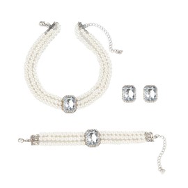 Gkaopi 3 Piece Pearl Jewellery Set for Women Layered Beads Choker Necklace and Bracelet Vintage Geometric Crystal Earrings Wedding Engagement Bride Bridesmaid Prom Wedding Jewellery, Metal