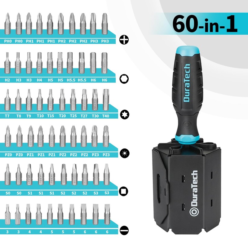 DURATECH Screwdriver Set Interchangeable Screwdriver 60-Piece Set Torx, Flathead, Triangular,