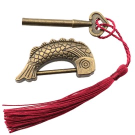 YHXiXi Fish Shaped Retro Padlock with Key and Tassels, Retro Antique Wooden Box Lock Alloy Jewelry Box Fish Pattern Lock