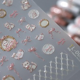 5D Embossed Nail Art Stickers Decals Bow Cat Nail Stickers Pink Cute Cat Heart Design Nail Decals with Pearls Self-Adhesive Gel Manicure Sliders Accessories for Women Girl DIY Nail Art Decorations