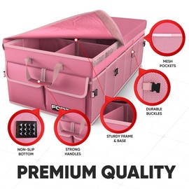 FORTEM Car Trunk Organizer, Car Storage Organizer, Collapsible Multi Compartment Car Organizer, SUV Trunk Organizer, Non Slip Bottom, Adjustable Securing Straps, Soft Cover 85L (Pink, X-Large)