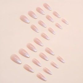 Gradient Pink Press on Nails Medium Nude Almond Fake Nails Artificial Glossy False Nails Acrylic Full Cover Glue on Nails for Women