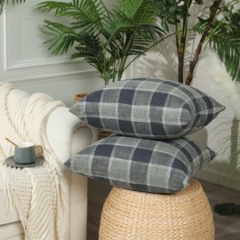 Stellhome Pack of 2 Linen Buffalo Check Throw Pillow Covers, Farmhouse Plaid Decorative Cushion Covers for Couch Sofa Living Room, 24x24 Inch, Dark Grey