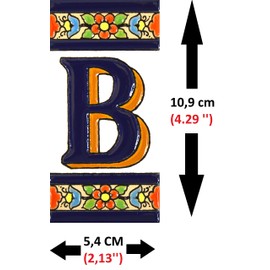 Schilder mit Zahlen und Nummern auf vielfarbiger Keramikkachel. Handgemalte Kordeltechnik fuer Schilder mit Namen, Adressen und Wegweisern. Persoenlich gestaltbarer Text. Design FLORES MEDIANO 10,9cm x 5,4 cm (BUCHSTABEN "B").