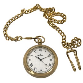 Peugeot Men's 14Kt Gold Plated Vintage Pocket Watch with Chain, 40mm Open Face, Engravable with Easy to Read Roman Numbers