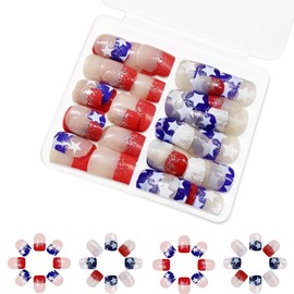 48Pcs 4th of July Press on Nails, Short Square Fake Nails Red Blue French Tip Press on Nails with Design Glitter Glue on Nails Independence Day False Nails 12Sizes- 2Styles