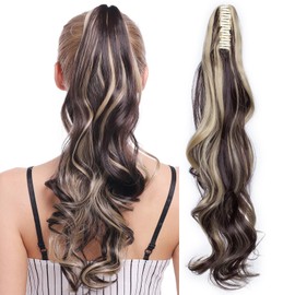 TESS 24 Inch Claw Clip Ponytail Hair Extensions Curly Wavy Ponytail Extension #Dark Brown Mixed Ash Blonde Hair Extension for Women 150g