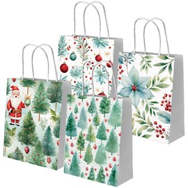 CMUSKO Christmas Gift Bags-12Pcs Christmas Tree Bags with Handle Holly Vintage Christmas Small Treat Bags Bulk for Kids