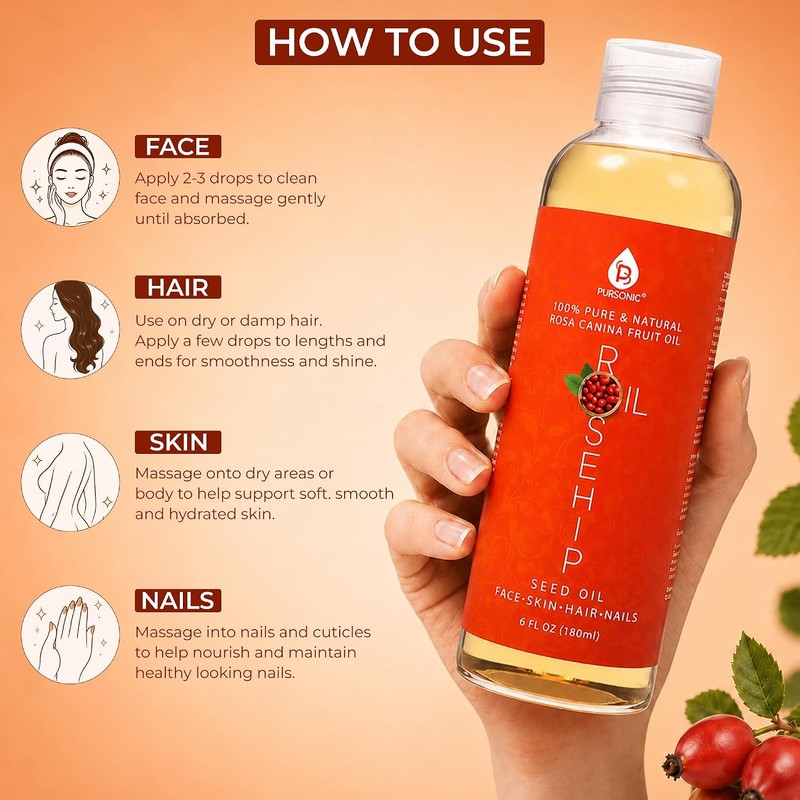 Pursonic Rosehip Oil for Face, Nails, Hair and Skin, 6