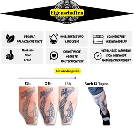 TADOTATZ SET – 8 große, semi-permanente Jagua Tattoos (23 x 11 cm) für Männer + Handbuch und Bedeutung. Einfache Anwendung Langlebig, widerstandsfähig und realistisch – hält bis zu 14 Tage