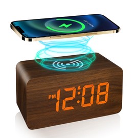 Wooden Digital Alarm Clocks with wireless charging for Bedrooms LED Display for Desks, Adjustable Brightness, Voice Control, and a Triple Digital Clock with Adjustable Brightness and Voice Control